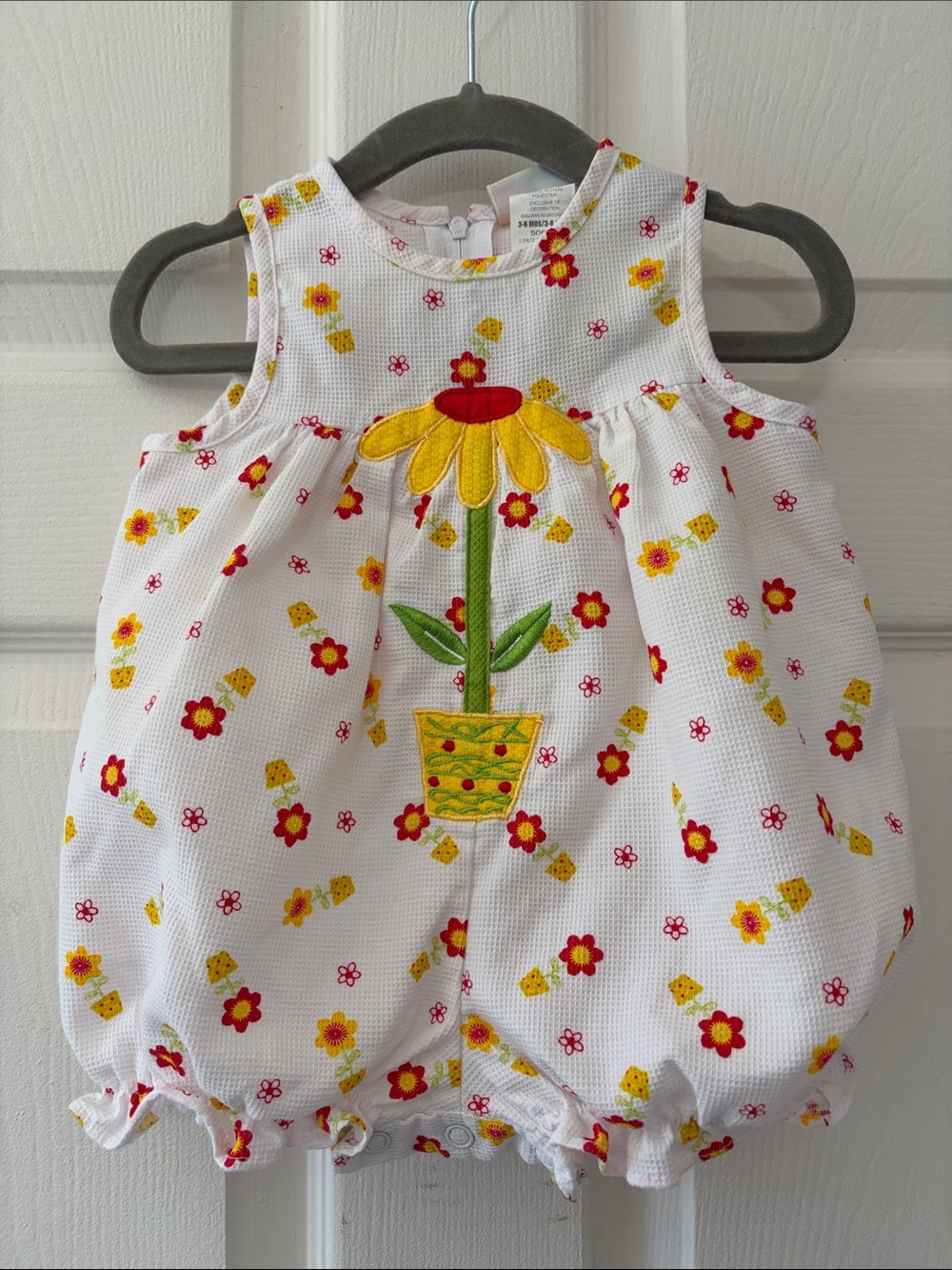 Vintage White floral Baby Bubble Romper with Yellow & Red Floral Appliqué